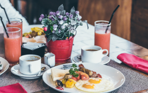 breakfast and coffee on a table