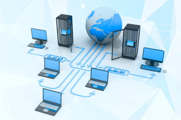 Graphic demonstrating Network Design from user computers/hosts to server to world wide web